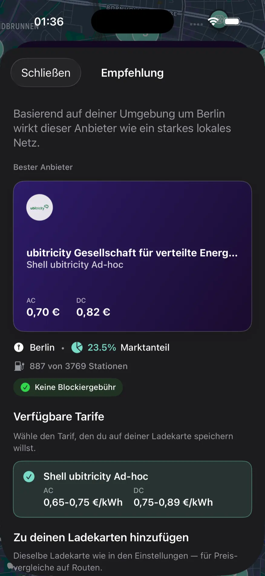 Empfehlung „Bester Anbieter“ mit ubitricity-Karte, AC/DC-Preis und „Zu deinen Ladekarten hinzufügen“