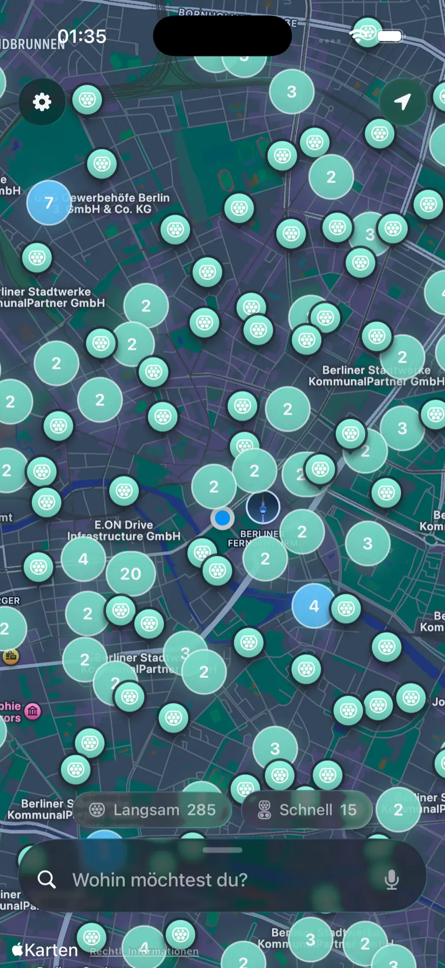 Karte in Berlin mit Stationen und den Filtern Langsam und Schnell